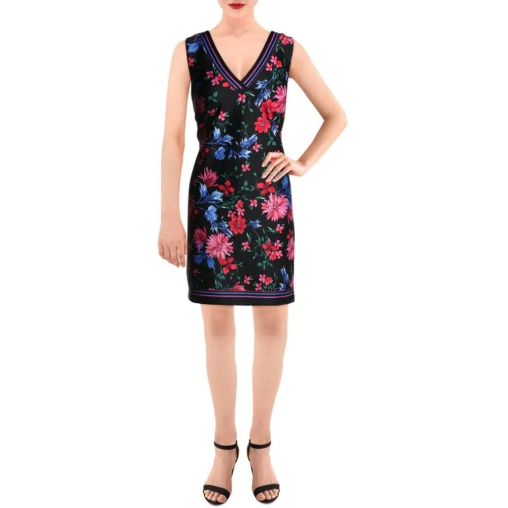 Pappagallo Talia Floral V-Neck Dress Black Multi Sleeveless 10737372-224 Sz 4
